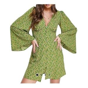 & Other Stories Green Floral Bell Sleeve Dress Size 12 ASOS